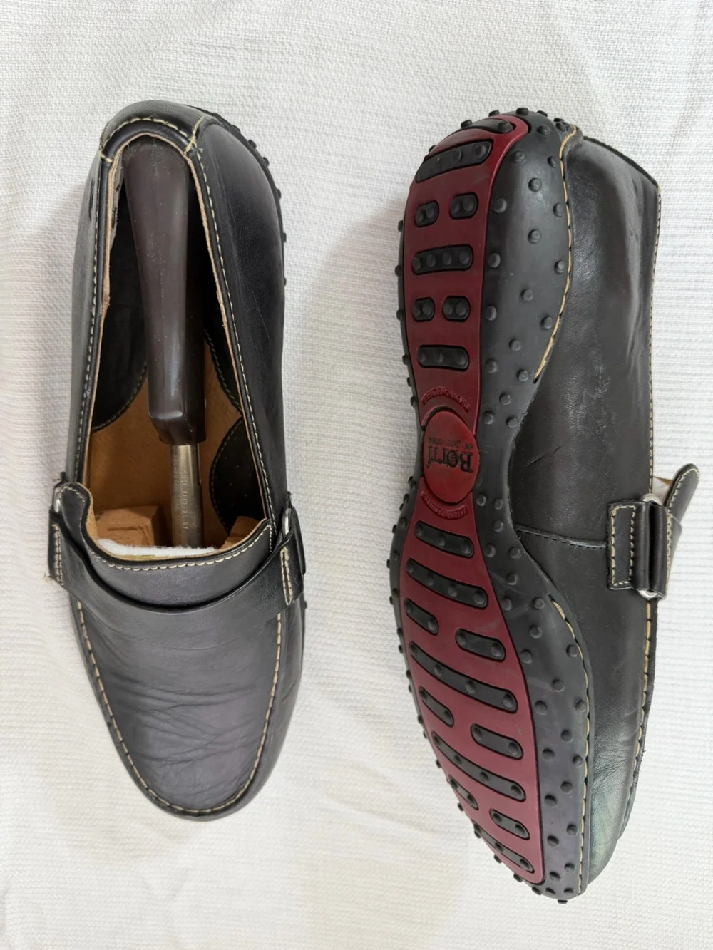 Born Black Leather Slip-On Penny Loafers with Contrast Stitching